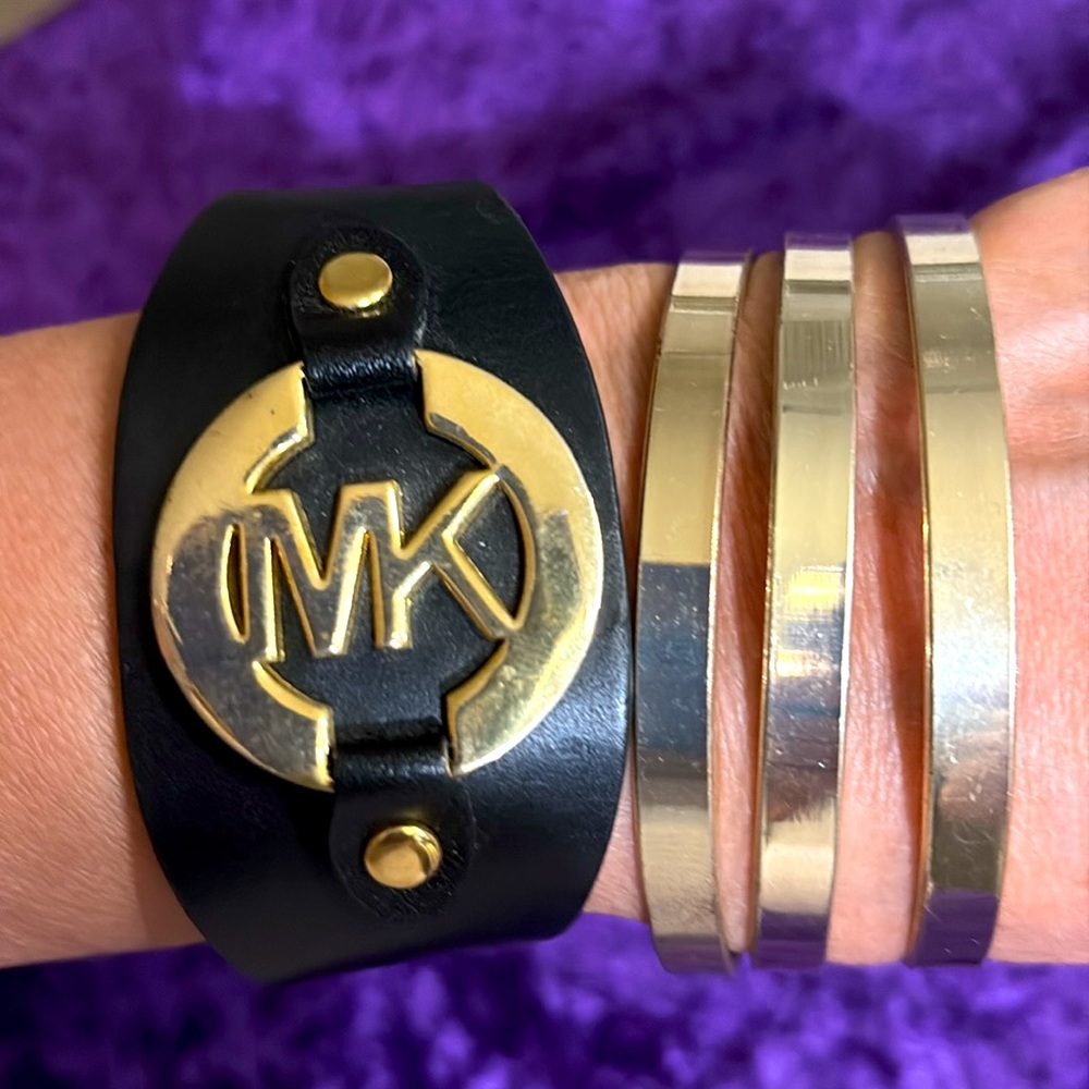 Michael Kors Black Leather & Gold tone Bracelets